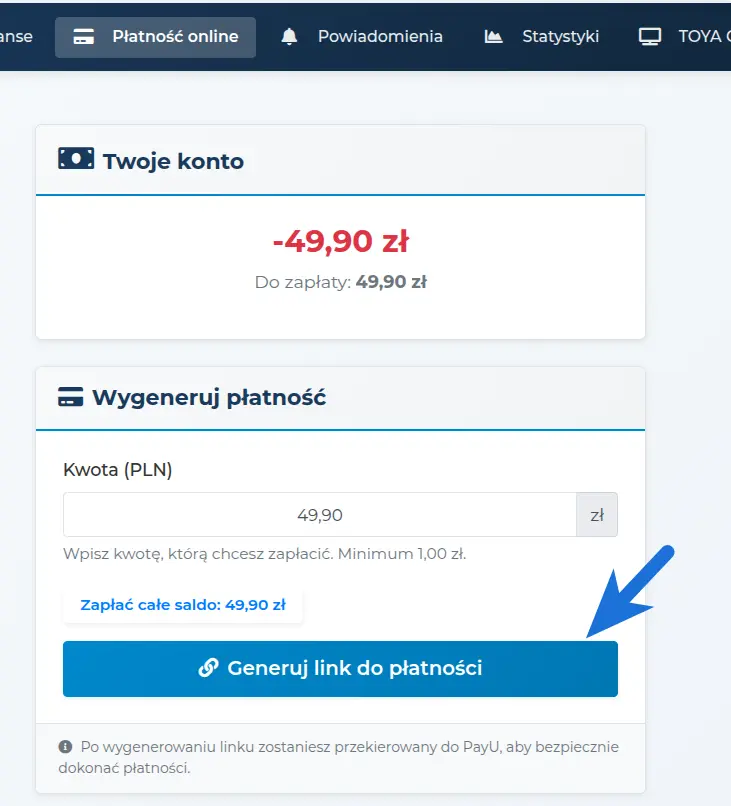 Generowanie linku do płatności w eBOK