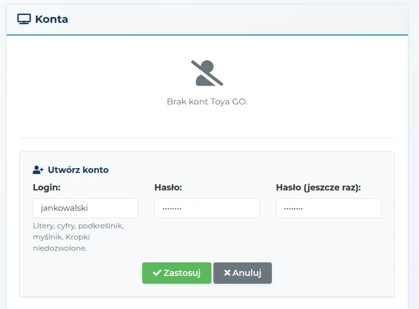 Formularz tworzenia konta