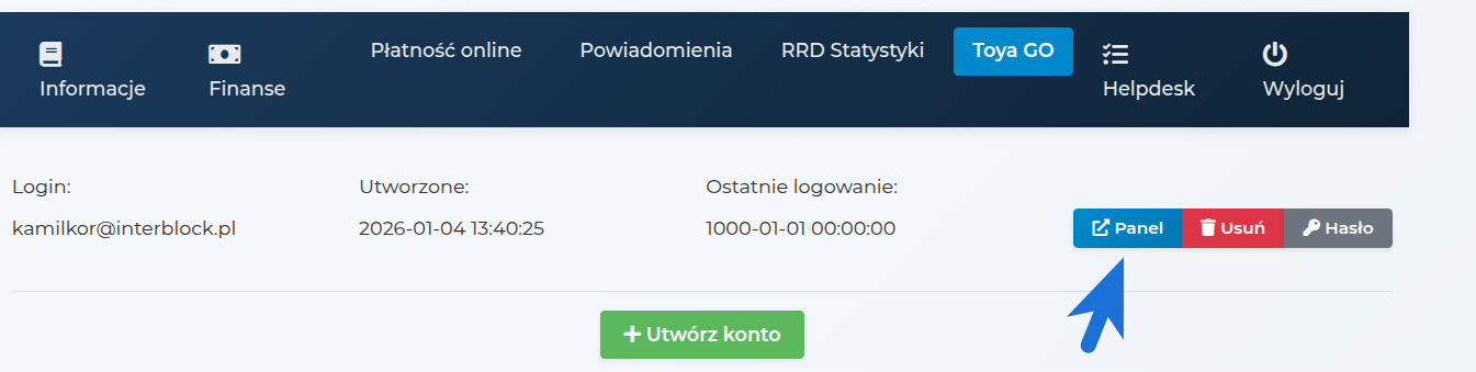 Panel konta TOYA GO