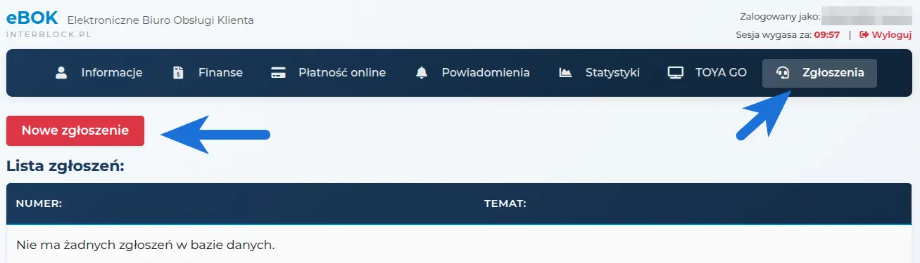 Zakładka Zgłoszenia w eBOK z przyciskiem Nowe zgłoszenie