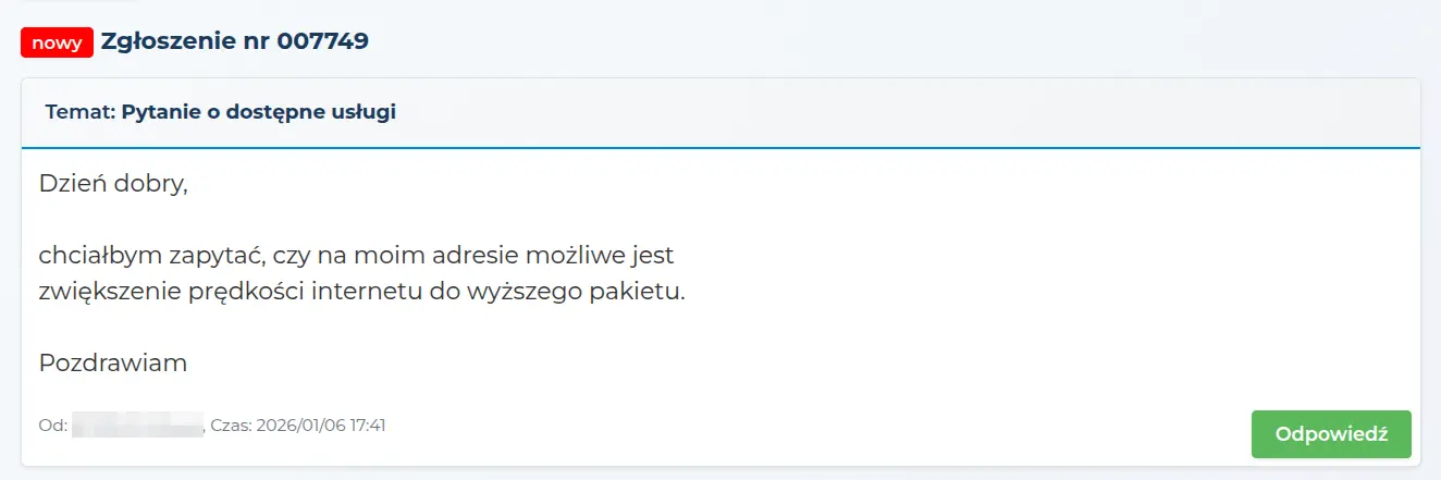 Utworzone zgłoszenie ze statusem nowy