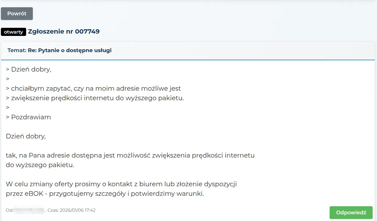 Odpowiedź od obsługi w zgłoszeniu